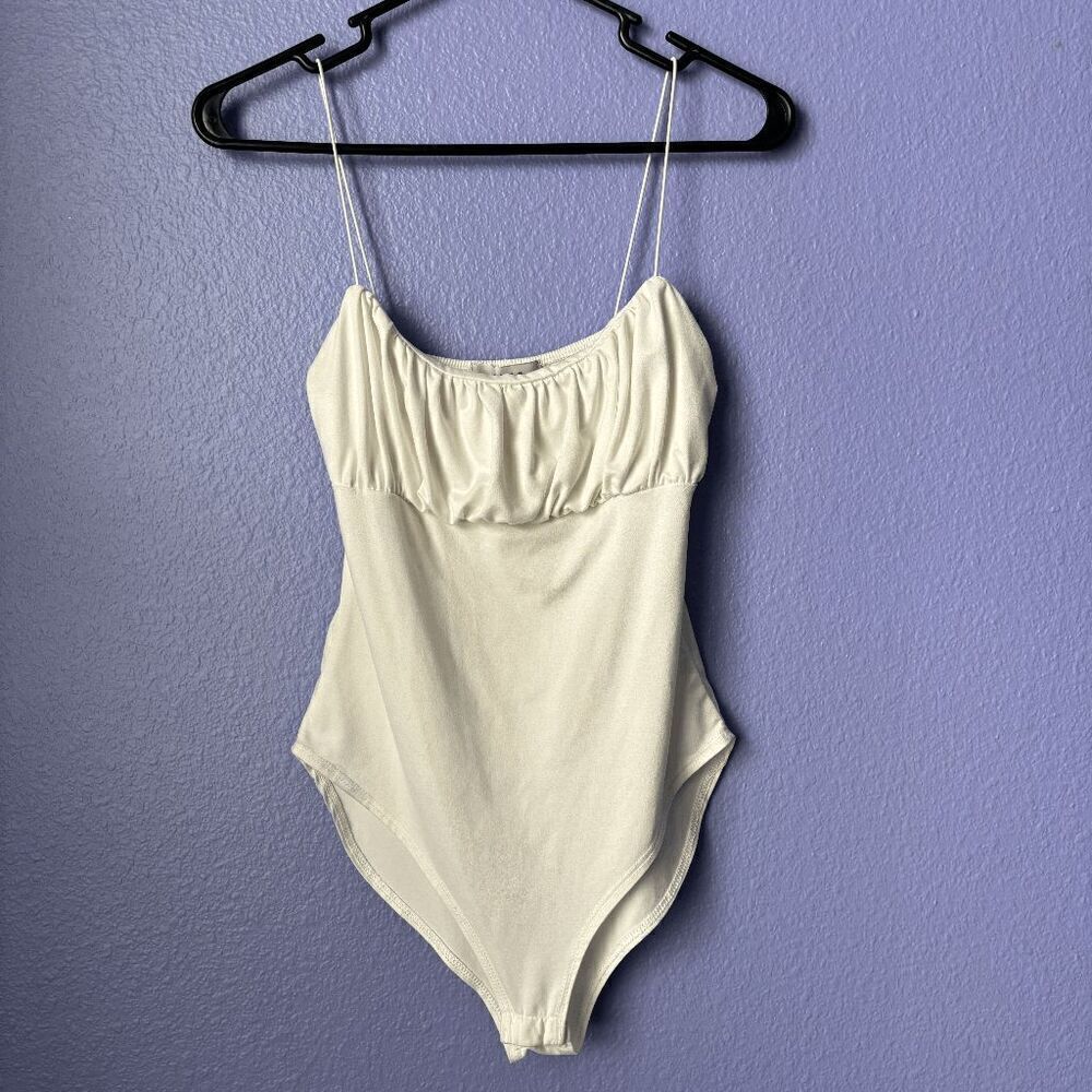 Gaze Bodysuit White Cream Ruched Bust Spaghetti Strap Sleeveless Preppy Coquette
